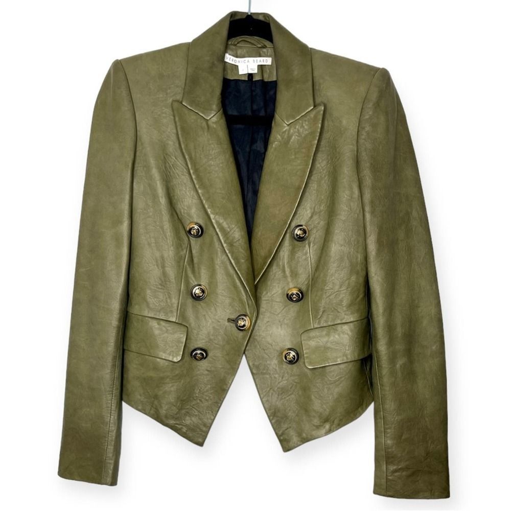 Sz 2 Veronica Beard Cooke Leather Dickey Jacket Blazer Olive Green - Picture 4 of 14